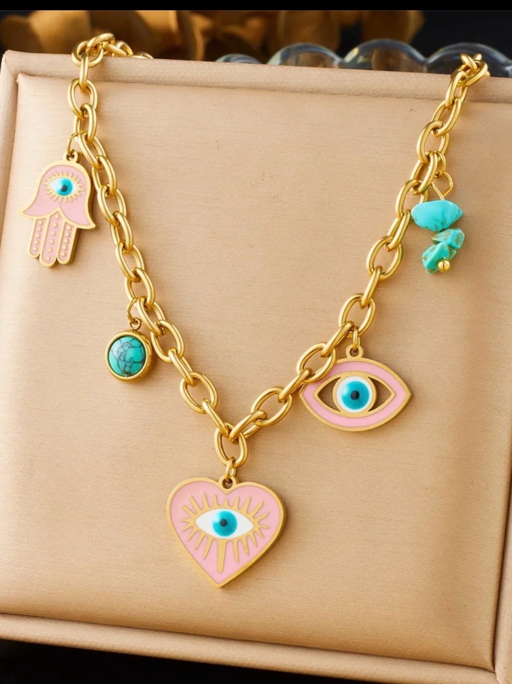 Stainless steel gold plated Necklace with Pink & Turquoise Evil Eye Charms -